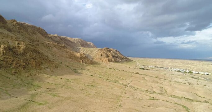 Aerial view of arid desert canyon, Jericho Governorate, Palestine.