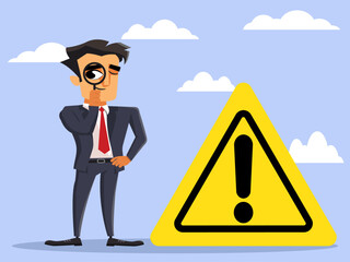 Business man looking through magnifying glass with a warning sign for a risk assessment concept
