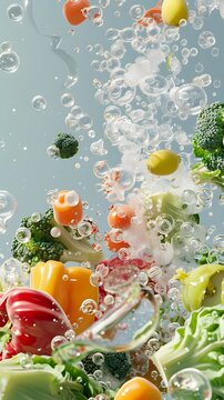 Fresh Vegetables and Fruits in Vibrant Water Bubble Explosion, Captured in High Resolution Macro Photography