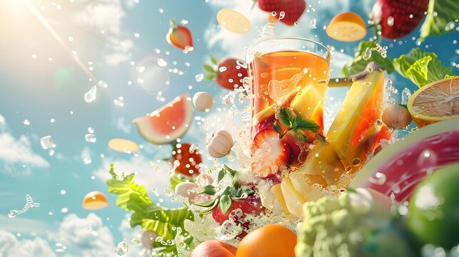 3D Rendered Advertisement Illustration of A Glass of Colorful Fruit and Vegetable Juice Exploding with Vitality Against a Blue Sky
