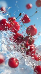 Falling Cherries Create Sparkling Water Splash against Blue Sky Background
