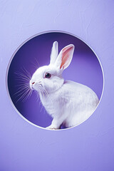 A white rabbit looking out of the colored circle