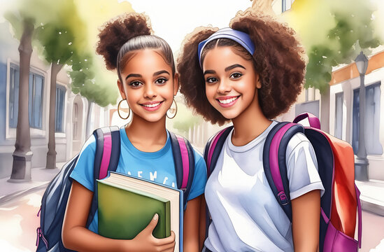 two black schoolgirl friends with a book
