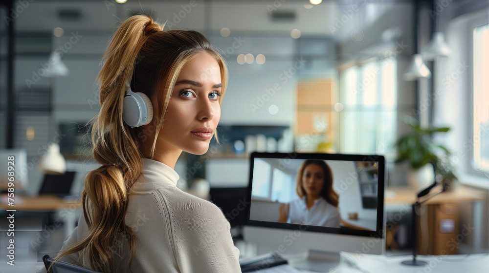 Aufkleber Female it recruiter is interviewing a candidate via a web call. Generative AI.