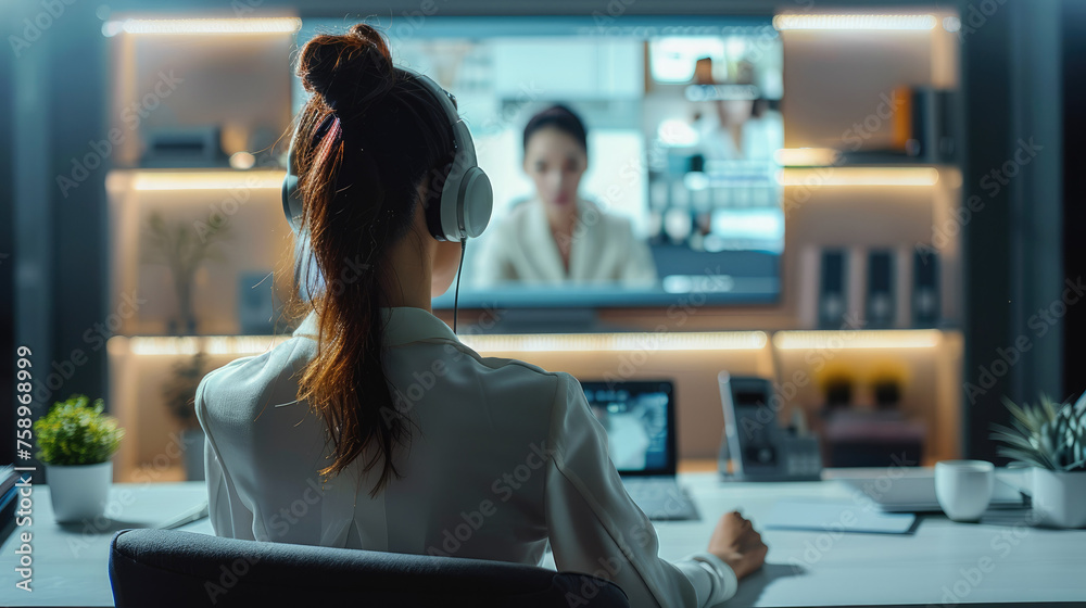 Poster Female it recruiter is interviewing a candidate via a web call. Generative AI.