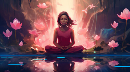 Woman in yoga pose, Zen Mindful Meditation Illustration capturing a meditative state of mind, peaceful and contemplative - obrazy, fototapety, plakaty