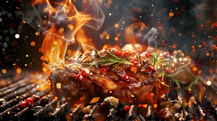 Fantasy Feast Juicy Steak Sizzling on a Grill with Rosemary and Pomegranate Seeds