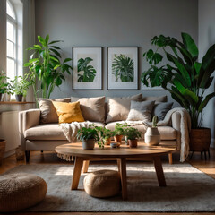 Stilvolles Wohnzimmer mit Pflanzen und skandinavischem Design - obrazy, fototapety, plakaty