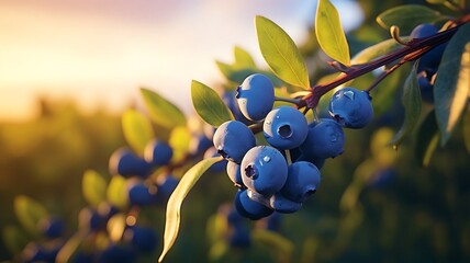Nature's Jewel: Plump Blueberries Adorn a Verdant Branch, Their Rich Indigo Hue Against Lush Green Foliage, A Tempting Promise of Sweetness Amidst the Serenity of the Wild.






 - obrazy, fototapety, plakaty