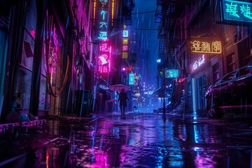 Cyberpunk alley, rainy night, neon signs, first-person, moody lighting, Pop art