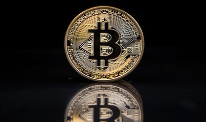 Bitcoin coin positioned on reflective surface

