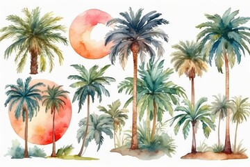 Fototapeta premium set of palm trees watercolor illustration
