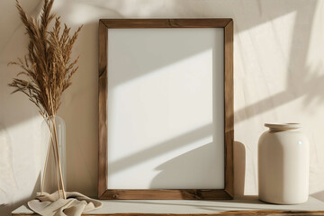 Simple wooden photo frame mockup for portraits and art, Ai Generated.