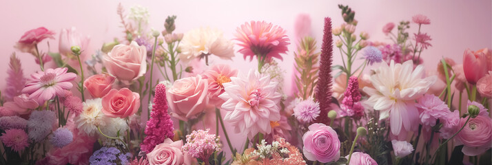 Assorted Pink Flowers in Full Bloom Against Soft Pink Background