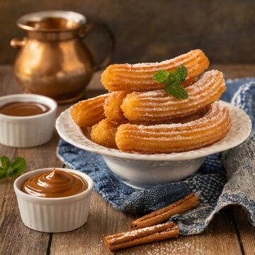 Churros com doce de leite ( Dulce de leche ). Comida, sobremesa, doce, fritura.
