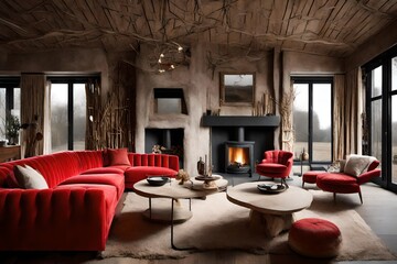 Bone clad living room with red sofa and open fire