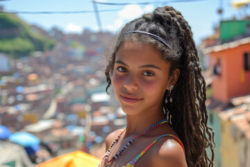Young teenage Brazilian girl with braids stands above a favela in Rio de Janeiro, her bright smile matching the sunny energy of the sprawling slum below.