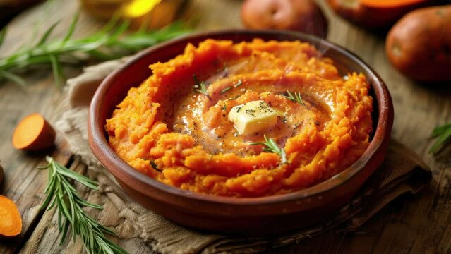 Zooming in on a Bowl of Mashed Sweet Potatoes with Butter