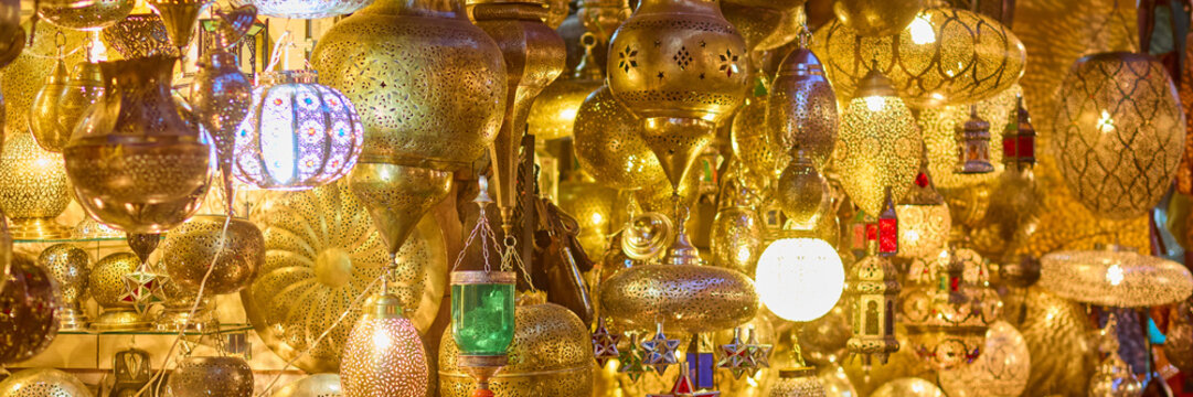 Shaining moroccan metal lamps in the shop in medina of Marrakesh, Morocco