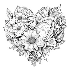 A beautiful heart made of flowers and birds in it. Coloring page for adult coloring book. An unusual bouquet. Can be used for coloring, printing and card design.