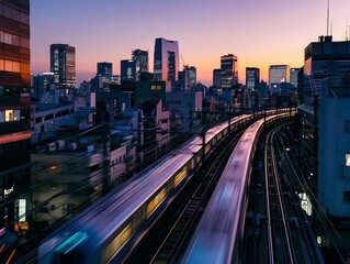 Fototapeta premium High-speed train entering city, twilight, dynamic angle, tech advanced, Prime Lenses