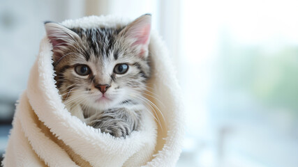 Banner happy wet cat wrapped in a towel after bath at home
