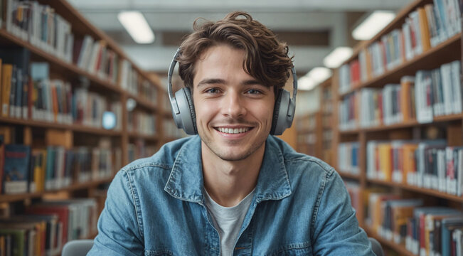 Young caucasian student with wireless headphones studying in library and smiling. Happy man spending his time in university or school. - Powered by Adobe