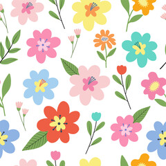 Seamless pattern with colorful flowers. Hand drawn floral pattern for your fabric, summer background, gift paper, wallpaper, backdrop, textile. Vector illustration