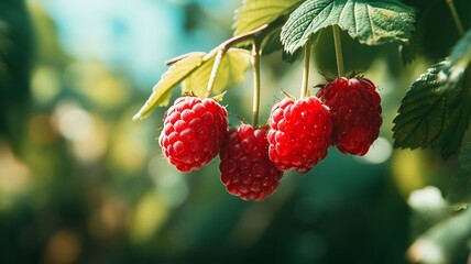 Bountiful Harvest: Juicy Raspberries Glistening on the Bough, Awaiting the Gentle Touch of Harvest, Nature's Bounty Captured in the Ripeness of Summertime Splendor.






