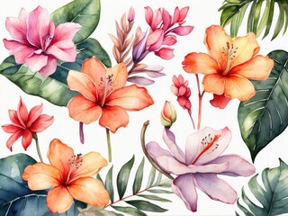 Obraz premium hand drawn watercolor of tropical flower, tropical leaves frame, tropical flowers set, flower background wallpaper