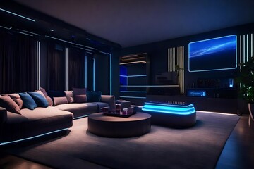 a smart and tech-savvy living room with integrated smart home features, cutting-edge entertainment systems, and sleek, futuristic design elements. - obrazy, fototapety, plakaty