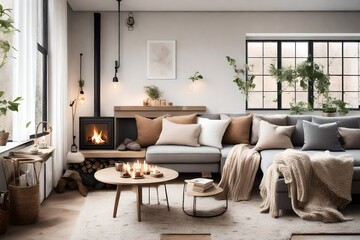a cozy reading nook featuring a corner sofa, soft blankets, and a fireplace, creating a haven of tranquility and warmth in a living space. - obrazy, fototapety, plakaty