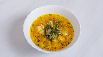 Dushbara soup bowl top view. Azerbaijani dumplings soup