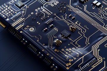 A segment of an electronics board with gold-traced circuits on a dark indigo backdrop, focusing on a complex arrangement of components, embodying perfect harmony between form and function.