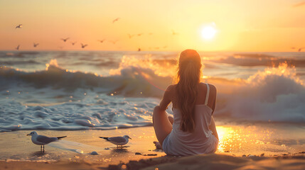 Fototapeta premium A young woman sitting on a beach at sunset, watching the waves, with details of the woman's peaceful expression, the crashing waves, the setting sun, and the seagulls flying overhead.
