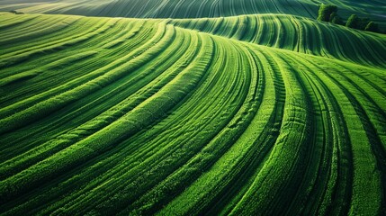 Aerial view of endless lush pastures and farmlands . Beautiful countryside with emerald green fields and meadows. Rural landscape on sunset. - obrazy, fototapety, plakaty