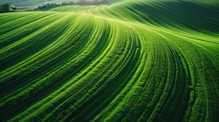 Naklejka premium Aerial view of endless lush pastures and farmlands . Beautiful countryside with emerald green fields and meadows. Rural landscape on sunset.