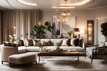 Fototapeta premium a sophisticated living room with timeless furniture, subtle color palettes, and ambient lighting, creating a space that blends elegance with comfort.