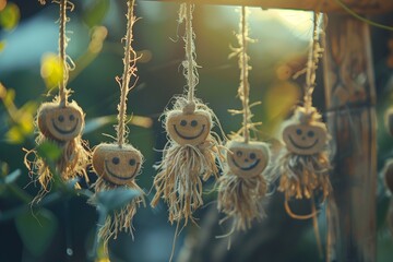 A set of realistic, frayed rope smileys hanging from a miniature rustic wooden frame, with each thread captured in stunning detail against a softly blurred natural background.