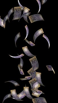 4K Vertical - One Thousand Taka, Bangladeshi Taka, BDT, Tk, bills are falling on Green background. Great use for money and finance related concepts. Isolated on Alpha background.