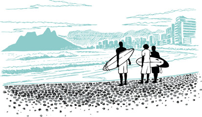vector illustration of surfers in rio de janeiro.