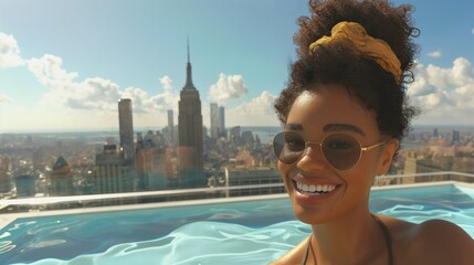 A city rooftop pool, a smiling model girl with a panoramic skyline view.