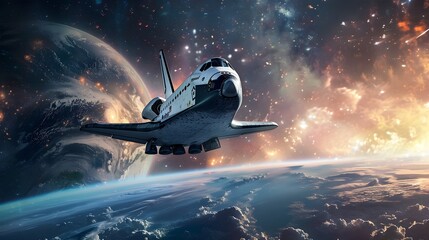Space Shuttle Hovering Over Earth in Photorealistic Landscape - obrazy, fototapety, plakaty
