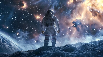 Astronaut Gazing at Starry Night Sky in Space - obrazy, fototapety, plakaty