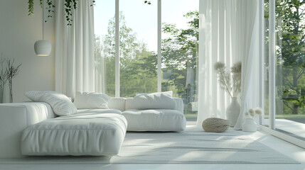 Window to Nature: White Sofa Haven with a View of Summer's Verdant Splendor