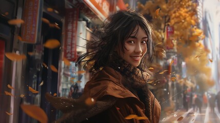 Fototapeta na wymiar A city street, a smiling model girl with falling autumn leaves.