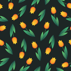Tulips vector seamless pattern. Orange flowers with green leaves on black background. Best for textile, wallpapers, wrapping paper, package and home decoration.