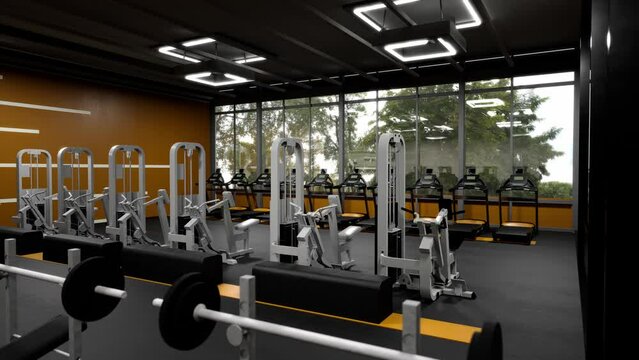 Interior Gym'S Area With Modern Gym In 3D Render Animation. Excesie Equipments With Modern Design. 3D Visualization