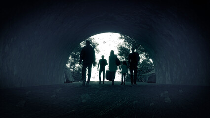 Refugees and immigrants looking for a new hope in life. Silhouette. Column of migrants passing through a tunnel. Abandon your lands for a better future. 3d rendering - 758974122