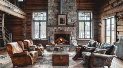 Inviting log cabin great room with a roaring fireplace, plush leather chairs, and a rustic wooden aesthetic.
